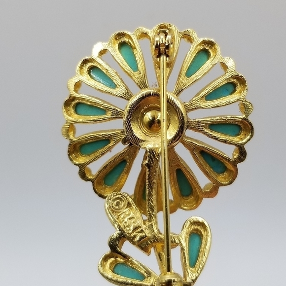 Vintage BSK Turquoise Gold Tone Flower Daisy Costume Jewelry Pin Brooch Signed - Picture 7 of 10